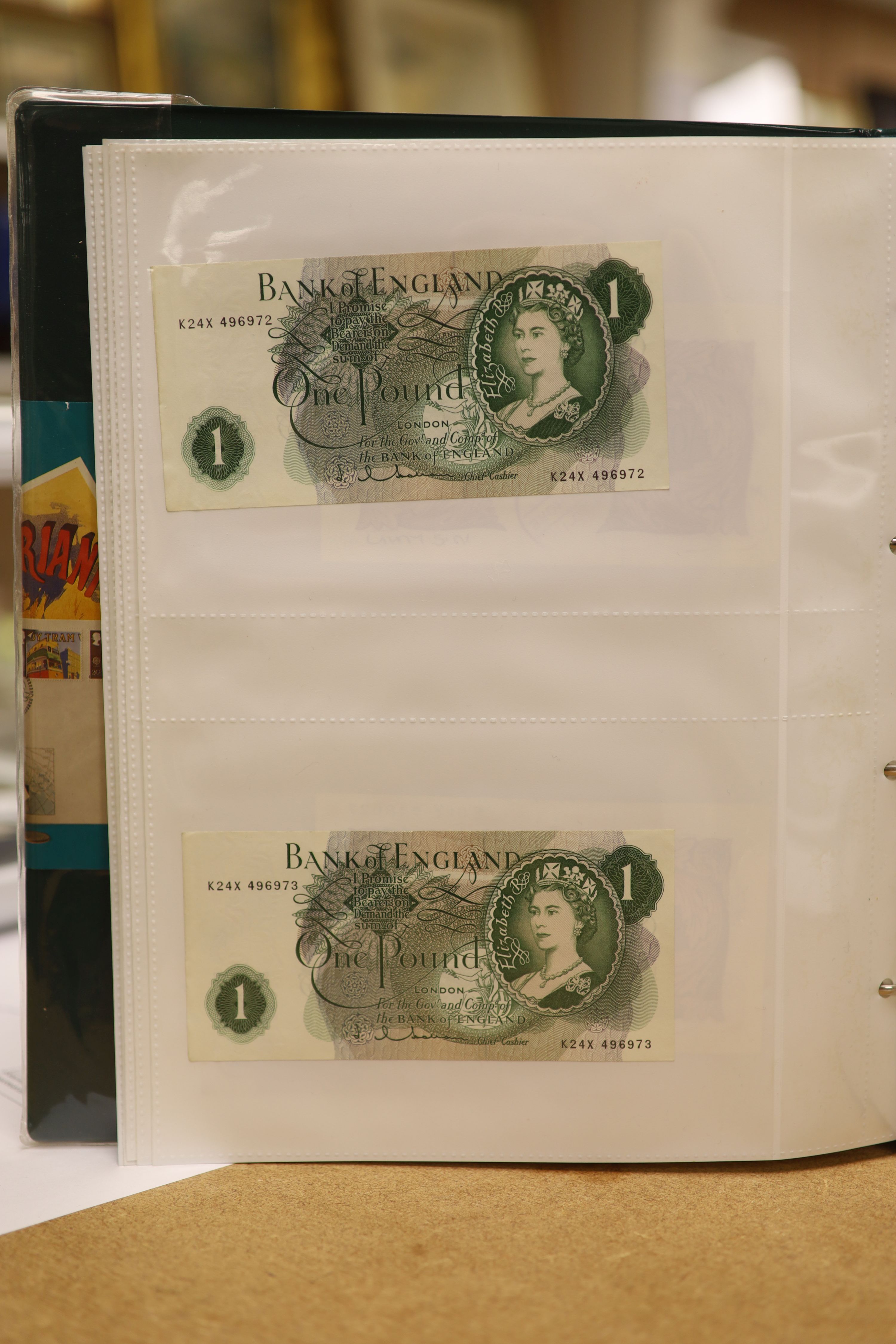 A collection of Bank of England and Scottish banknotes to include: 21 QEII 10 shillings, 14 O'Brien and Beale 10 shillings, 1 Peppiatt 10 shillings, 4 Hallam one pound notes, 18 O'Brien or Beale one pound notes, 8 Peppia